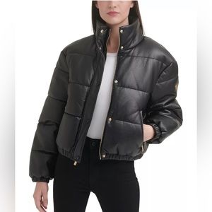 GUESS Black Leather Puffer Coat